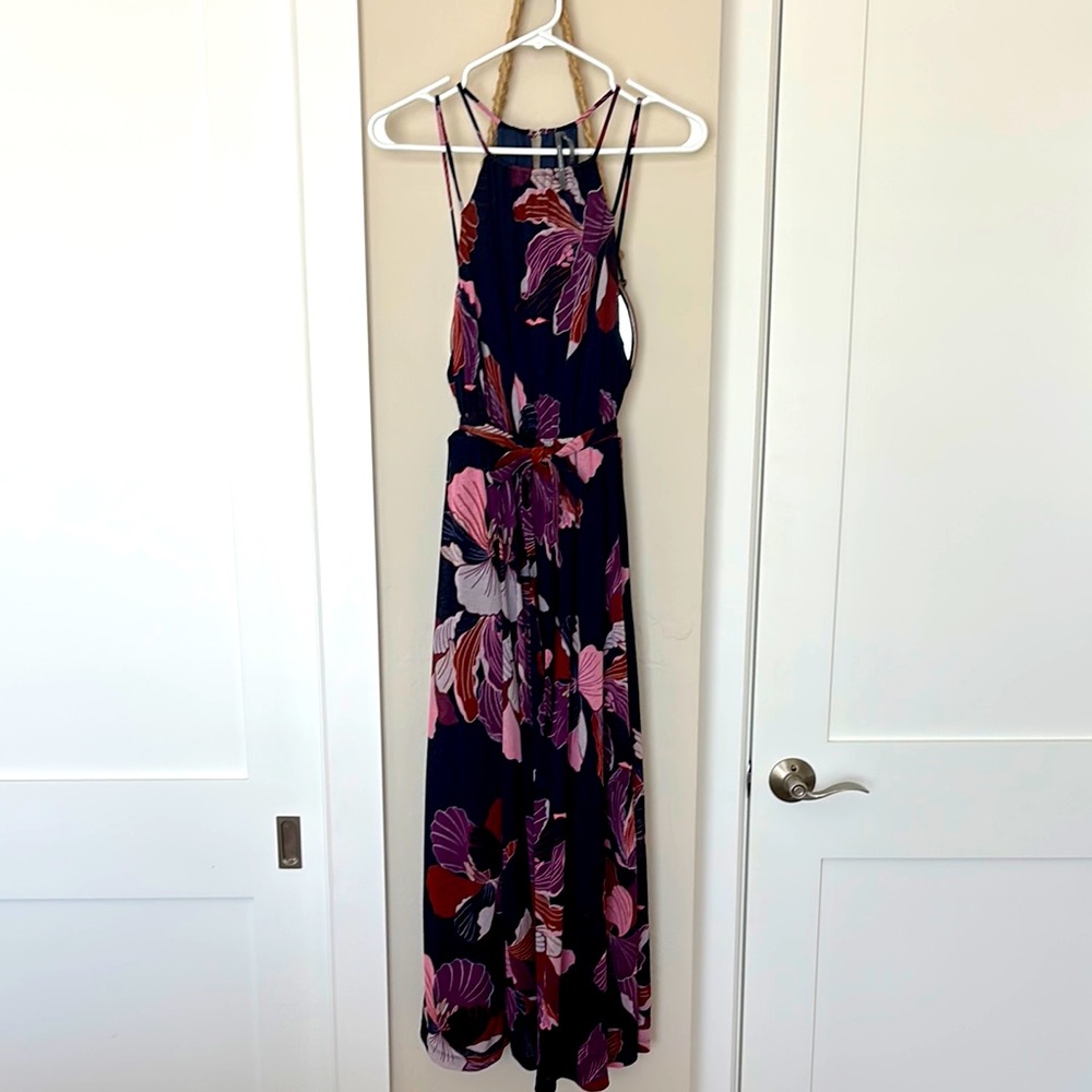 Floral Maxi Dress with Strappy Back, navy slip attached under, Size S